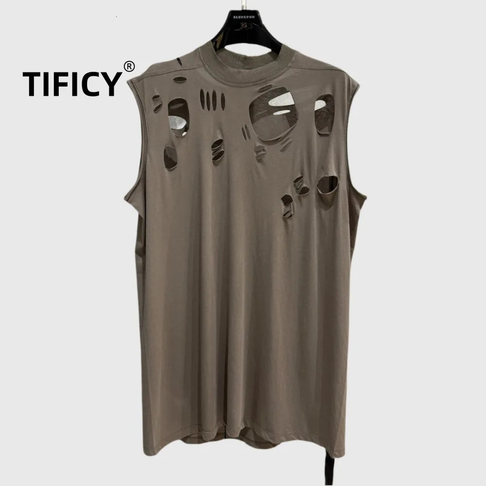 High Street Dark Ro Tees T-shirt Mens Cotton Sleeveless Hollowed Out Perforated Personalized Trendy Tanks Oversized T Shirt 250617