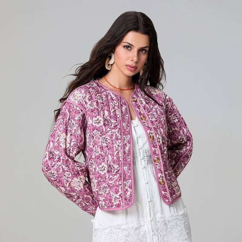Women Puffer Jacket Autumn Winter Clothes Floral Round Neck Long Sleeve Button Down Cardigan Streetwear