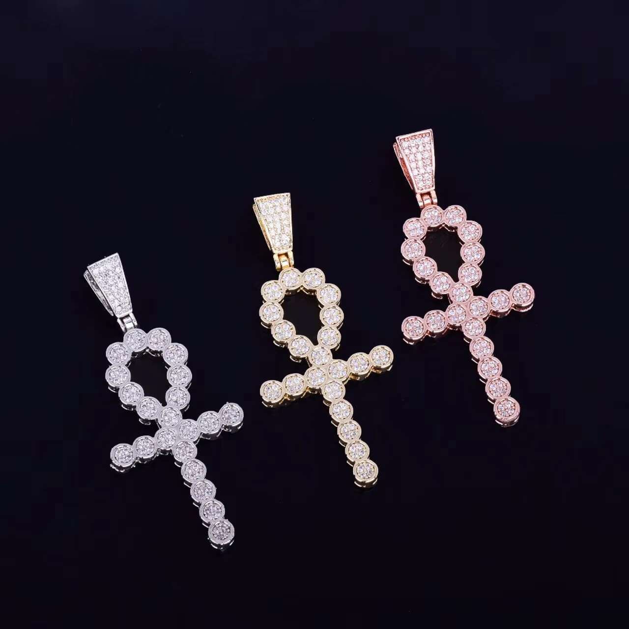 Hot Selling European Vintage Egyptian Moissanite Pendants Charms 18K Gold Silver Hip Hop Ankh Cross Necklace New Vintage Jewelry