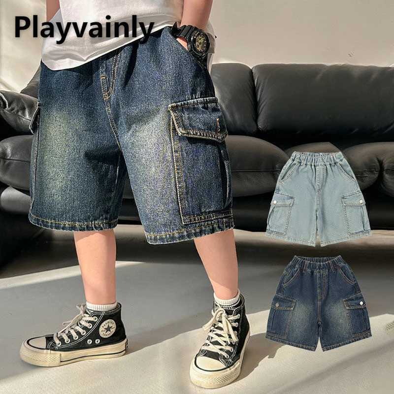 Kids Boys Cargo Denim Pants for Summer Dark Blue/Light Blue Big Pocket Loose Wide Leg Shorts Casual Children Short Pants A24607C250617
