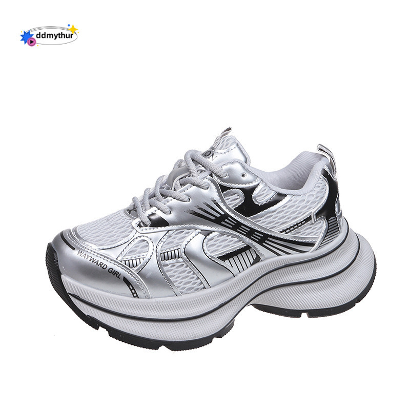 Silver Dad Sneakers for Women 2025 Spring Summer New Thick Sole Height Increasing Versatile Mesh Breathable Sports Casual Shoes ddmythur