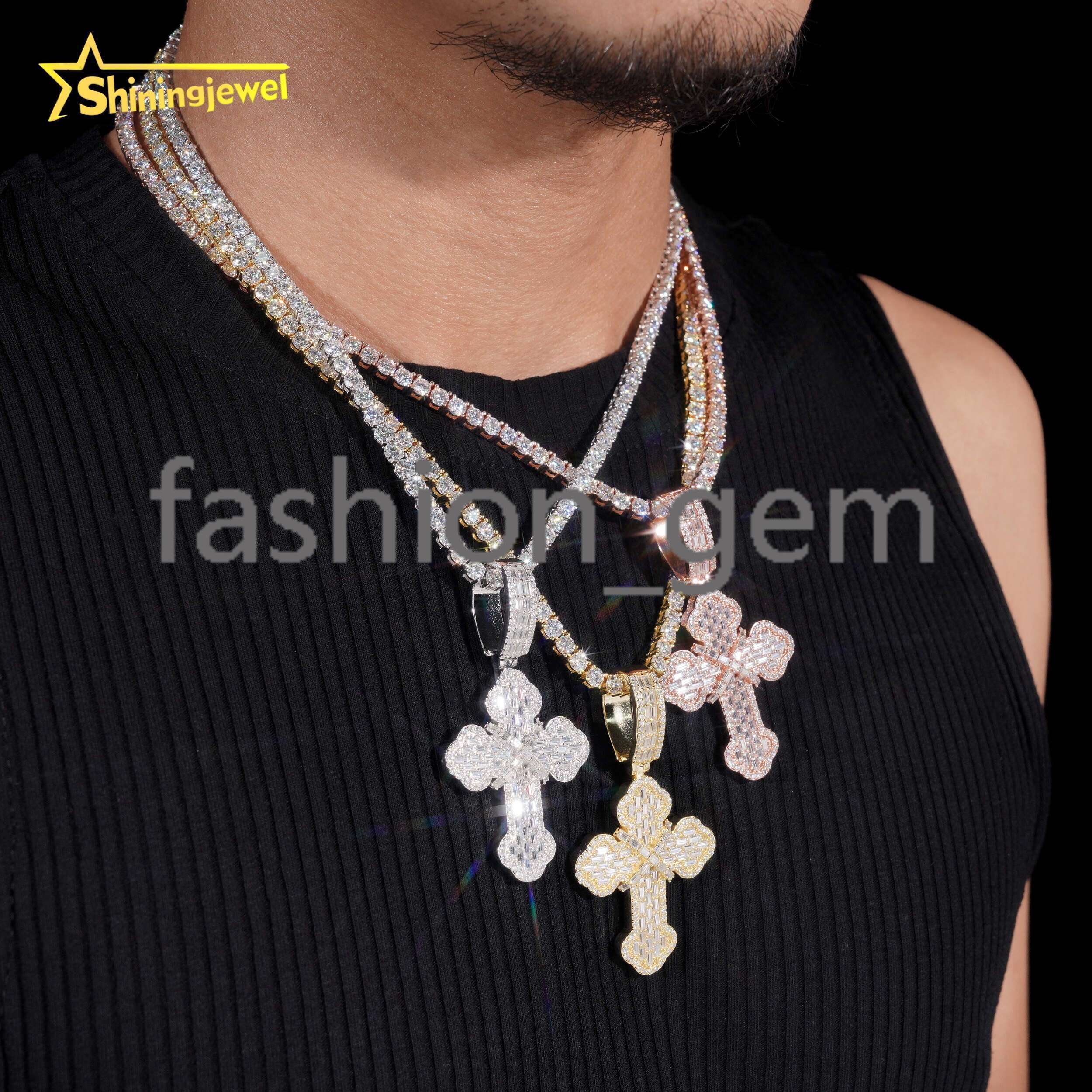 New Design Hip Hop Cross Baguette Moissanite Pendant S925 Gold Plated Moissanite Pass Diamond Test Pendant Ready to Ship