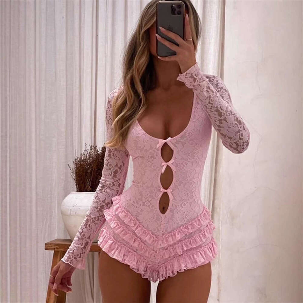 Autumn New Solid Color Low Neck Slim Fit Girl Sexy Lace Hollow Out Patchwork Jumpsuit B5
