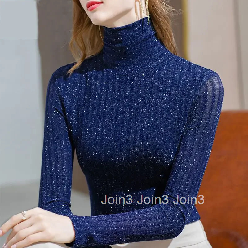Blue Tees Rhinestone Turtleneck 2025 Sequin Female Tops Glitter Purple Womens T Shirts Clothes Kpop Aesthetic Funny Xxl Tshirts