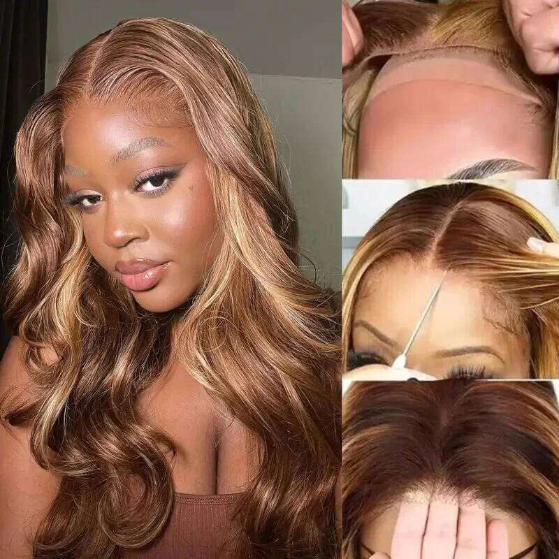 Wear and Go Glueless Human Hair 5x5 Lace Closure Ombre Highlight Body Wave 180% 4/27 Colored Wig for Beginners