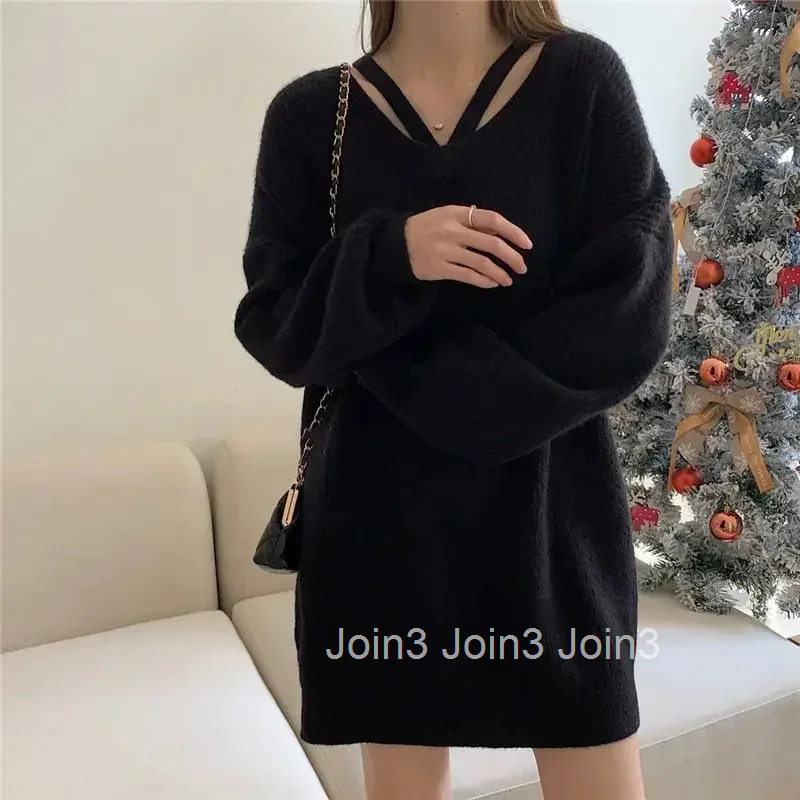 Black V Neck Pink Coquette Ladies Pullovers Basic Clothes Aesthetic Smooth Korean Style Womens Knit Sweater Sueters De Mujer