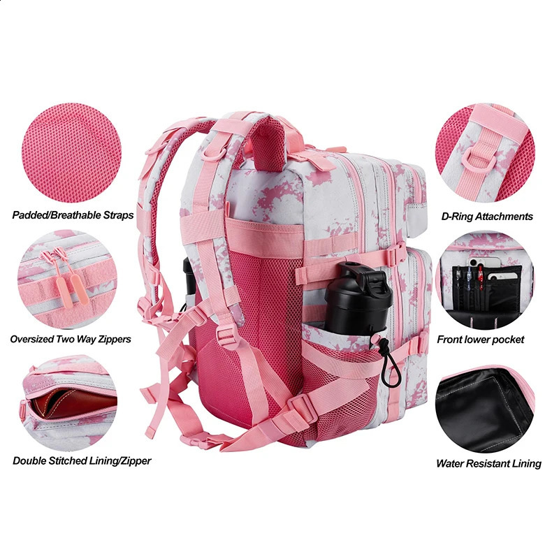 LHI 45L Tactical Backpack Waterproof Tie-Dye Sports Travel Daily Gym Rucksacks Weekend Overnight Daypack With Bottle holder 250617