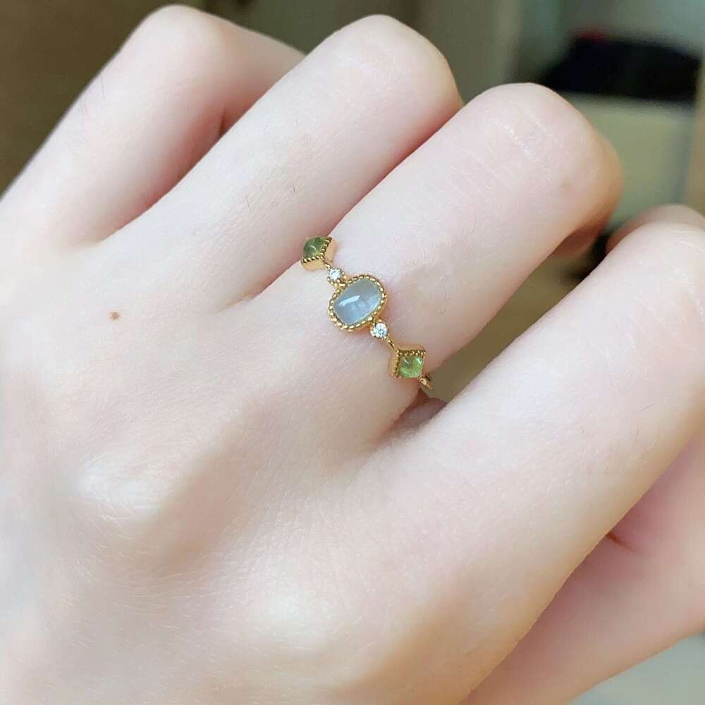 High Imitation Aquamarine Roman Glass Green Crystal Colorful Ring for Women, Niche High-end