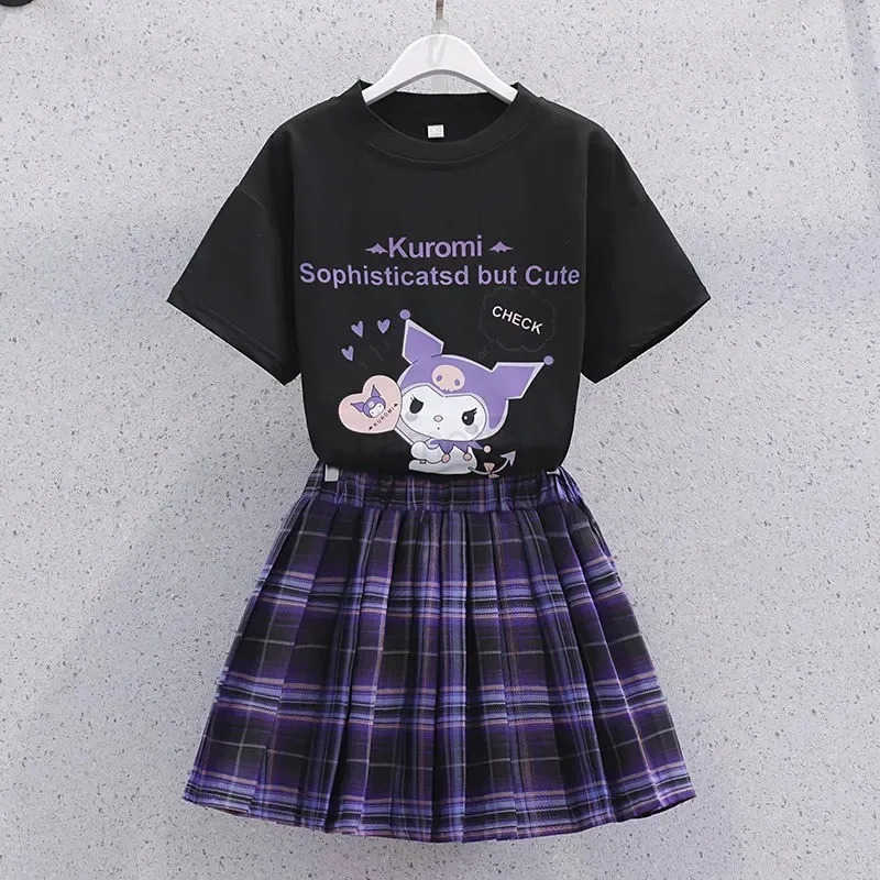 Sanrio Sanrio Kuromi Kawaii Girls College Style T-shirt Skirt Suit Summer Clothes JK Uniform Skirt Short Sleeve T-shirt Two Piece Set XJ250618