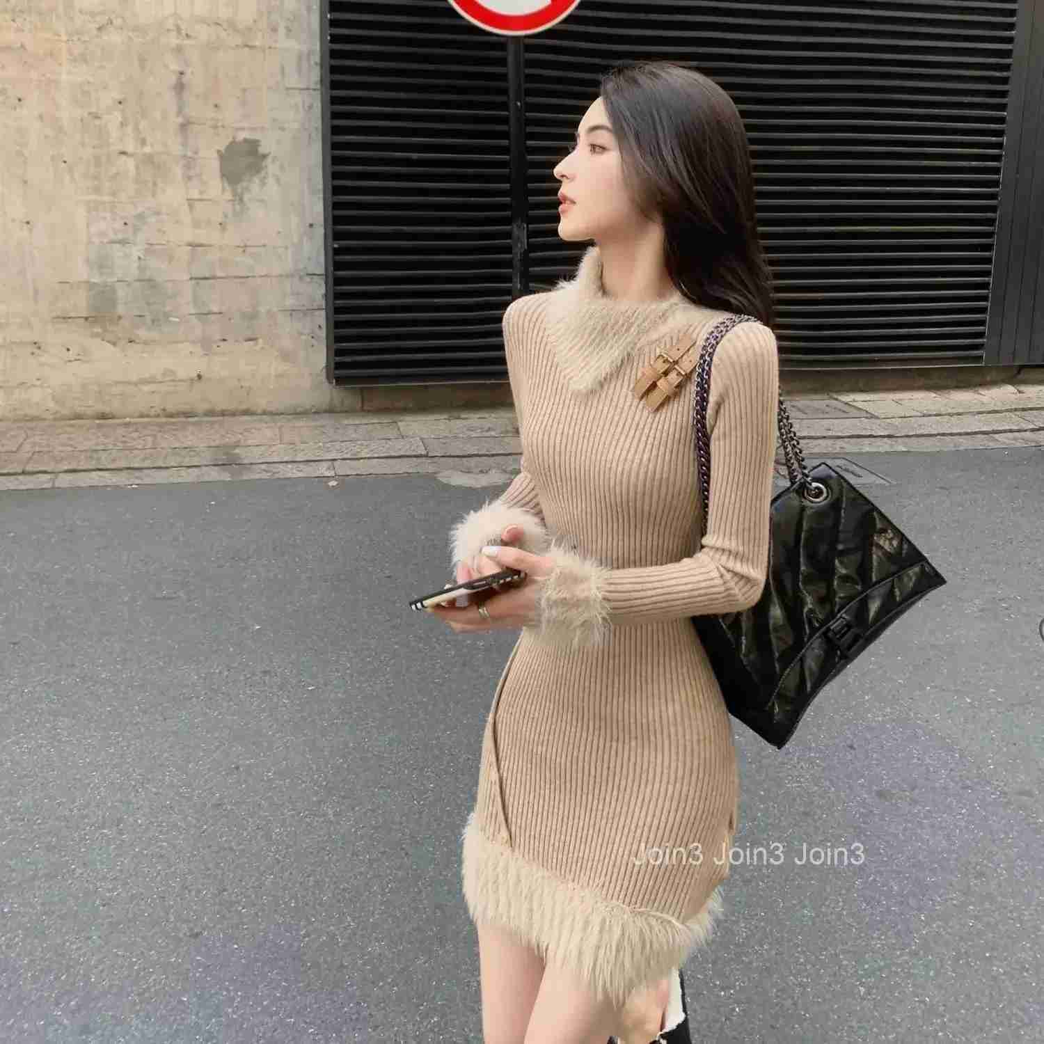 Womens Crochet Dresses Long Sleeve Female Knit Dress Knee Length Midi Cover Up Sensual Sexy One-piece Chic and Elegant Pretty X