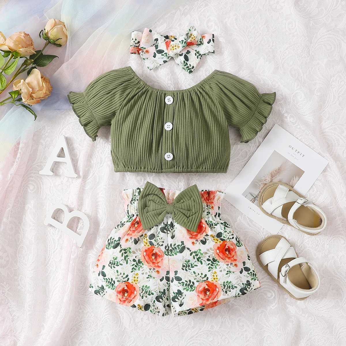 Summer round neck cute casual girl aged 0-2 Cotton Short Sleeved Headscarf Printed Bow Shorts Baby WearC250617