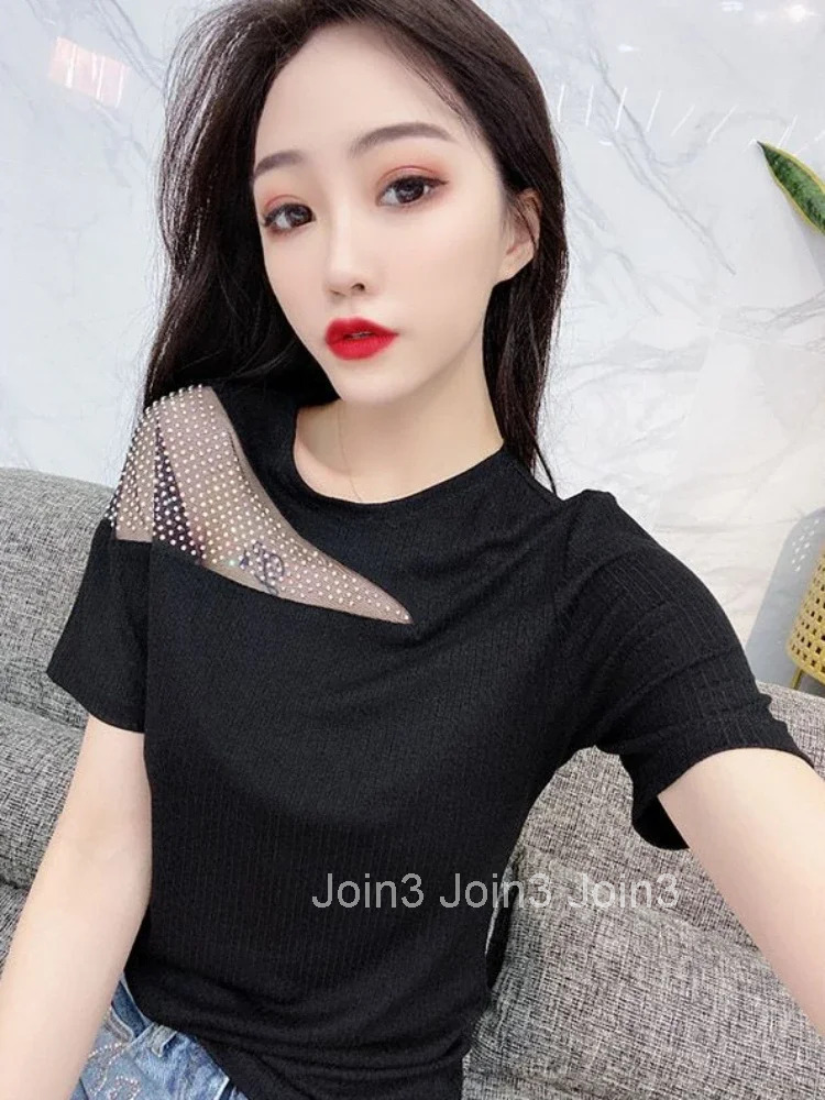 Womens T-shirt Rhinestone Summer Outfit Glitter Sequin Top Female Baggy Short Sleeve Plain Y2k Clothes Korean Popular Elegant