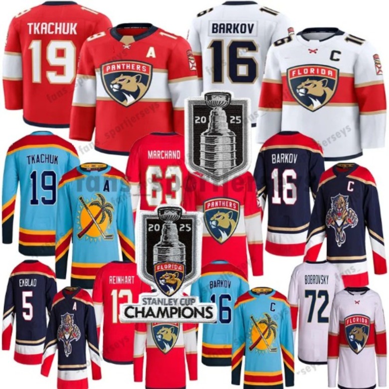 Floridas Panthers 16 Bobrovsky Barkov 2025 Stanley Cup Champion Jerseys Matthew Tkachuk Brad Marchand Sam Bennett Sergei Cousins Verhaeghe Reinhart Tarasenko