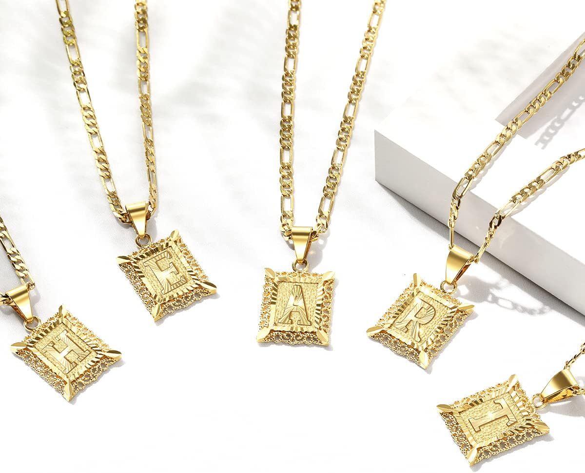Luxury Unisex Initial Pendant Necklace 18K Gold Plated Square Capital Letter Interwoven Design A-Z Alphabet Charms on Premium Figaro Chain