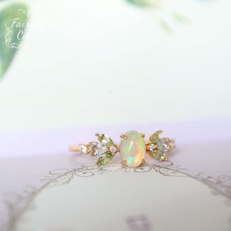 Natural Opal Protein Stone Peridot White Crystal Leaf Light Luxury Same Style 14K Plated Ring