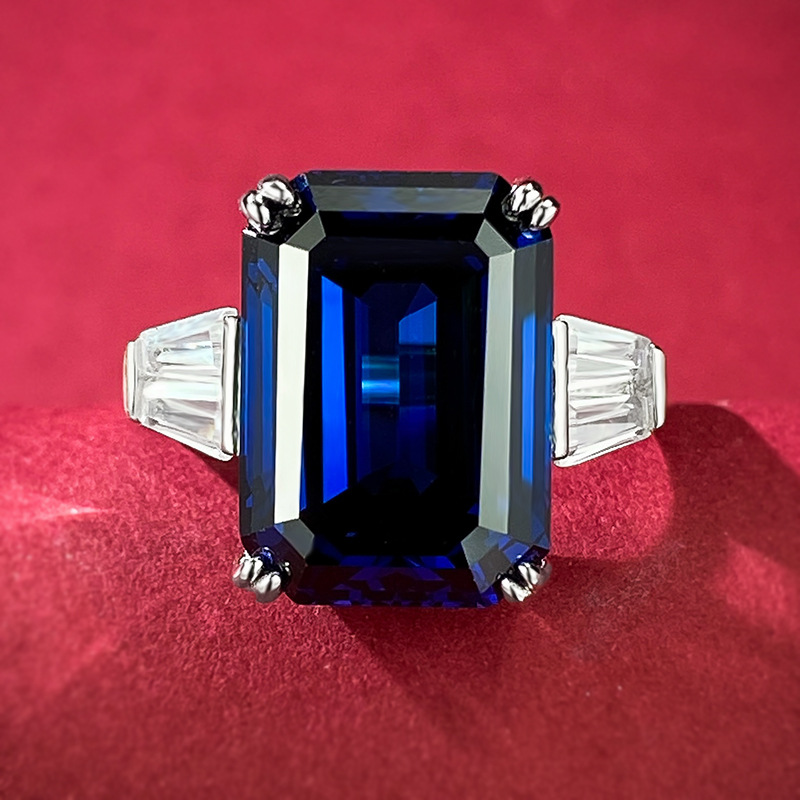 S925 Sterling Silver Emerald Cut Ring 10x14mm Royal Blue Gemstone