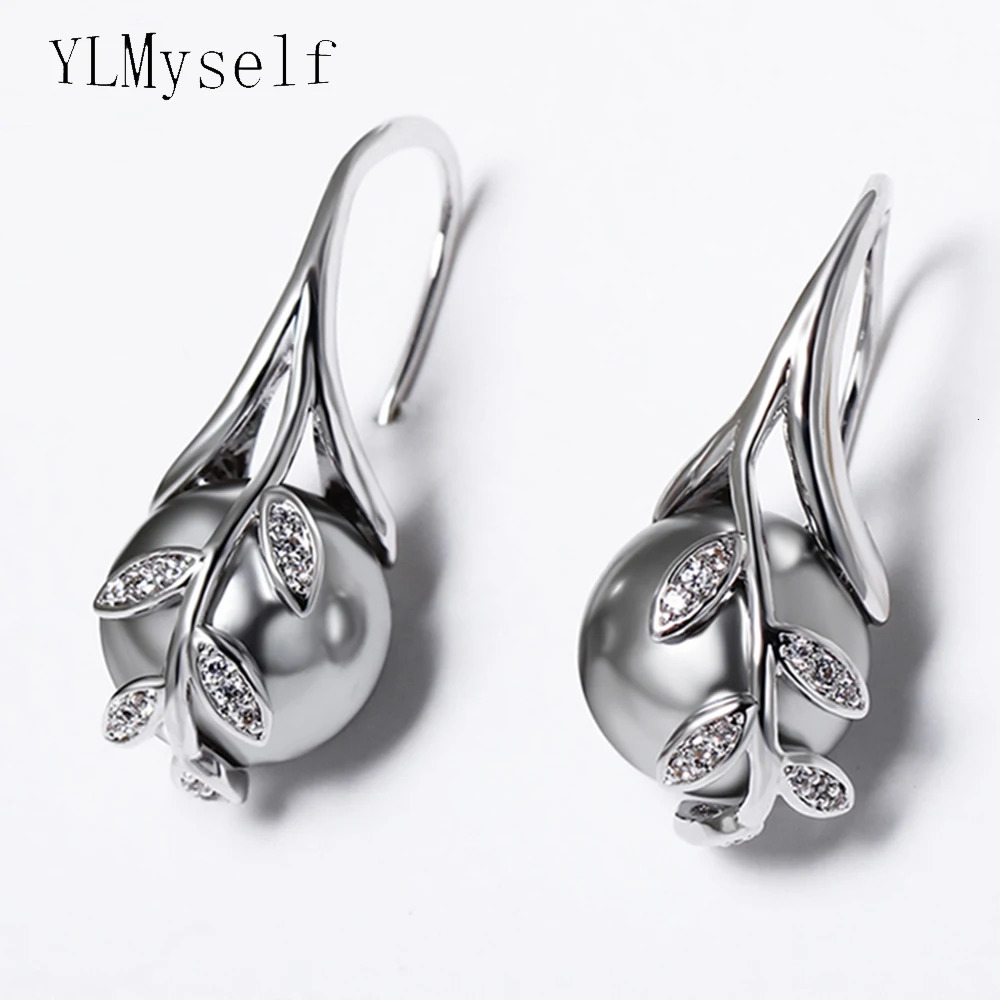 Drop Rose gold and White color Grey pearl cubic zircon crystal Wholesale jewelry lots Dangling earrings 250617