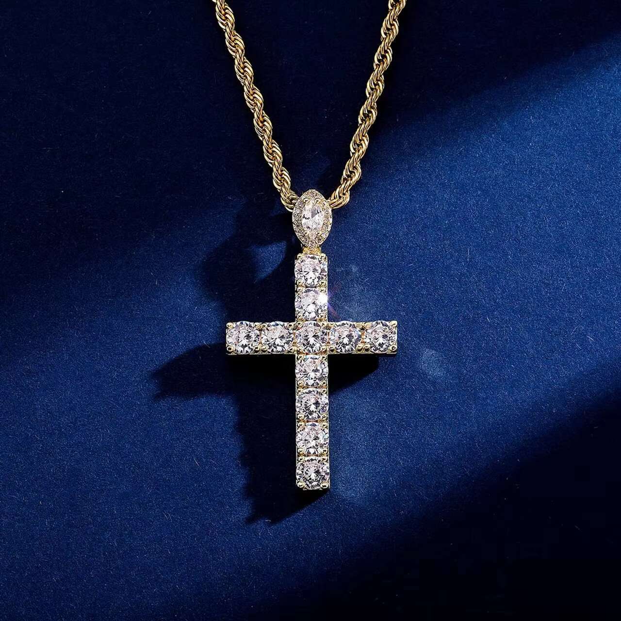 New Arrival Mens Moissanite Cross Pendant Necklace Blue Iced Rose Gold and Silver Studded in Hip Hop Style