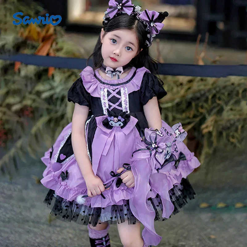 Sanrio 2024 Sanrio Cosplay Kuromi Lolita Princess Dress Summer Childrens Costume Dress Puffy Skirt Suit Cute Girl Birthday Kawaii Gift XJ250618