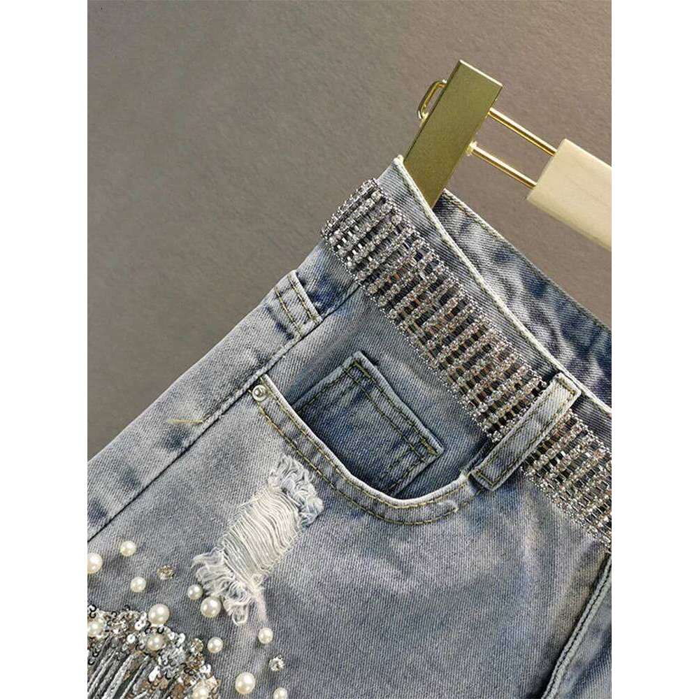 Wear Summer Elegant Lady Tassel Beading High Waist Wide Leg Denim Female Casual Solid Shorts Jeans For Women Clothing