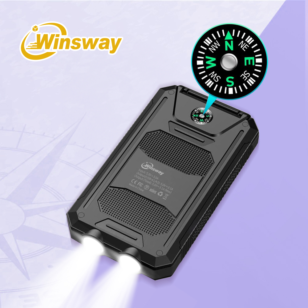 Winsway 10000mAh outdoor solar power bank, built-in two LED searchlights, compass, mountaineering clip for charging 3 devices, dedicated for mountaine