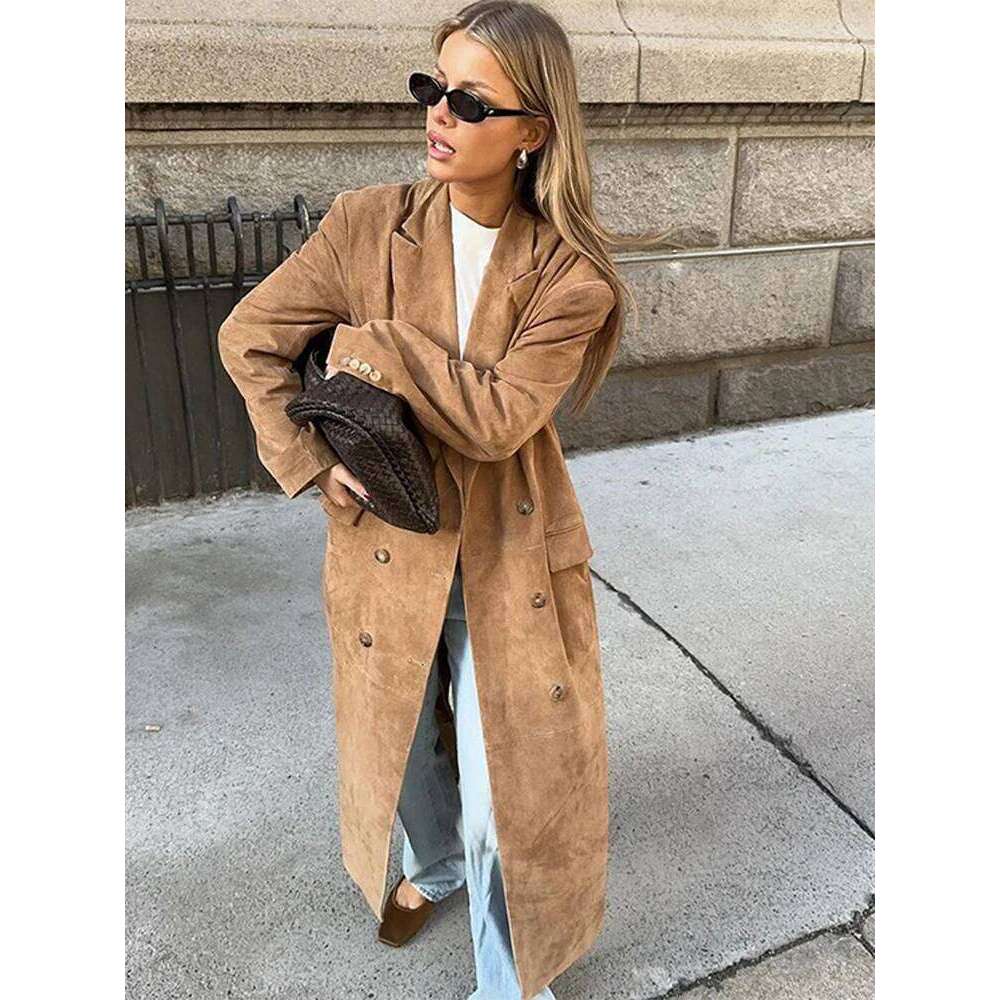 Elegant Suede Leather Women Long Windbreaker Coats Chic Lapel Double Breasted Lady Oversized Jackets 2024 Autumn Street Outwears