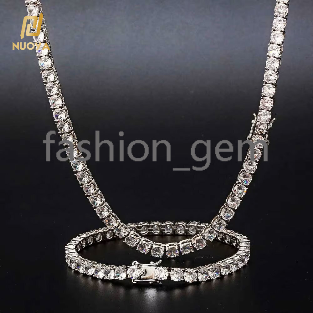 Womens 5mm Silver Plated Bling moissanite Tennis Chain Necklace Hip Hop Iced Out Diamond Necklace Fine Jewelry for Gift