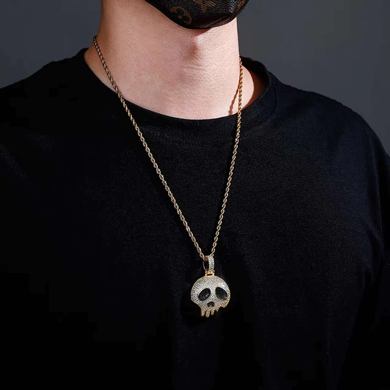 Mens 14K Gold 925 Silver Moissanite Pendant Chain Necklace Flooded Ice Broken Skull Head Hip Hop Style Charm