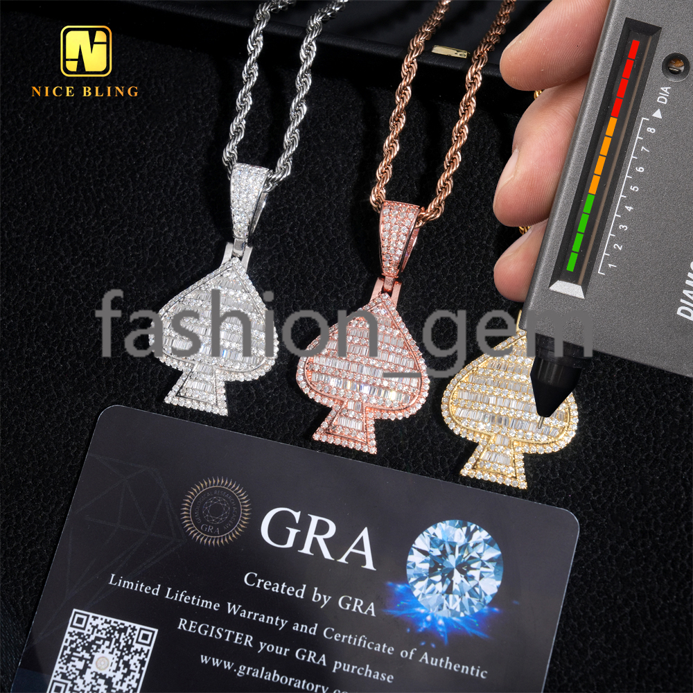 Lucky Charm Fortune Health Spade Pendant Ready Stock Baguette Moissanite Pendant Hip Hop Iced Out Pendant Birthday Gift