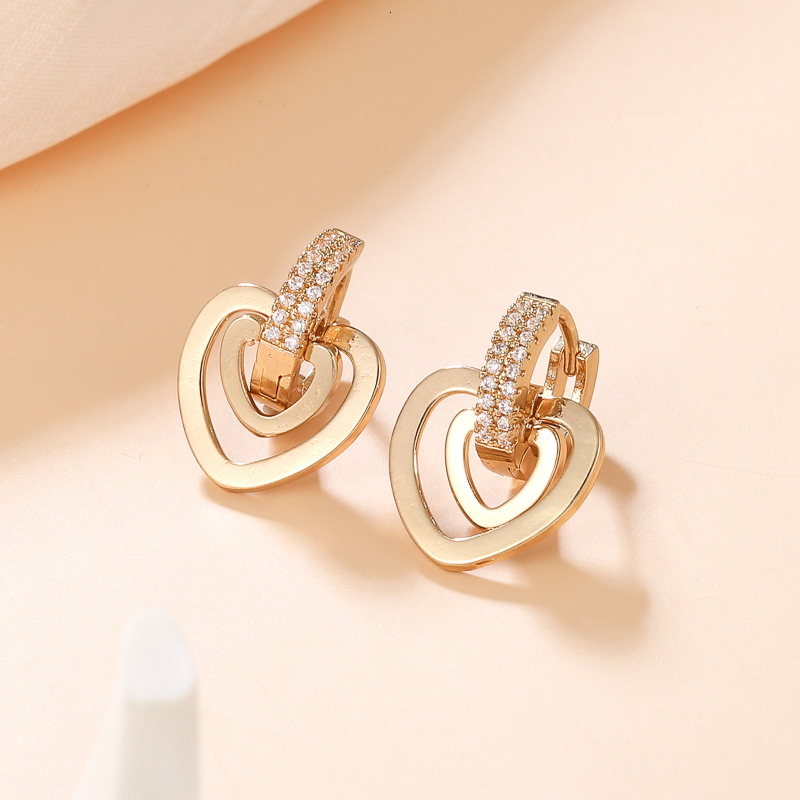 Gold-Plated High-End Double-Layer Heart Light Niche Design Inlaid Hollow Earrings
