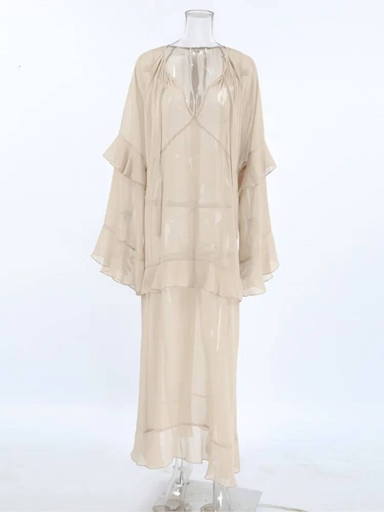 Fashion Ruffle Edge Dress Women Summer 2025 New Khaki Batwing Sleeve Loose Sun Protection Cover Long Dresses Female High Street