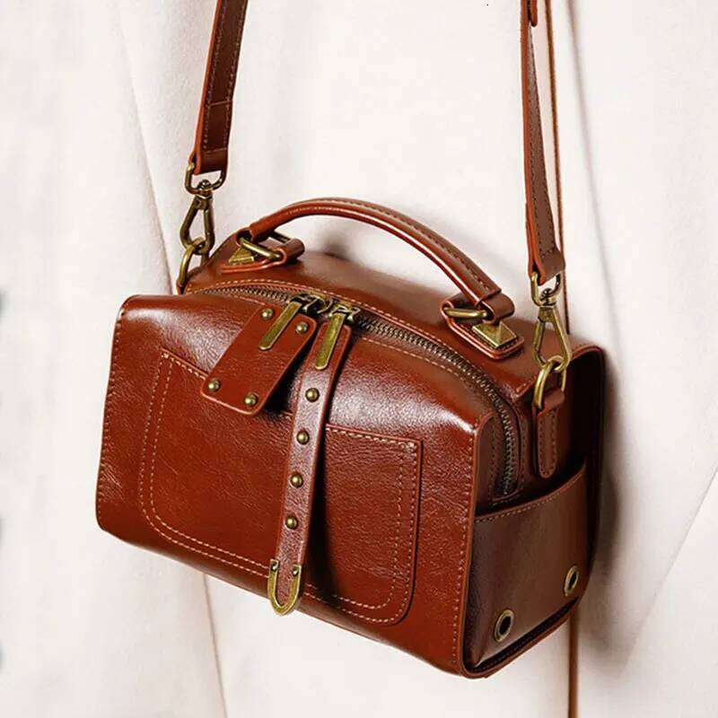 Women's Genuine Leather Boston Handbags Vintage Style Women Shoulder Bag High Quality Cowhide Crossbody Bags 9239