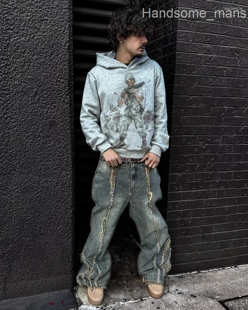 Mens Hoodies Oversized Loose Casual Soldier Printed Hoodie Retro Old Grey Streetwear Pullover Winter Cotton Sweatshirt Men Clothing