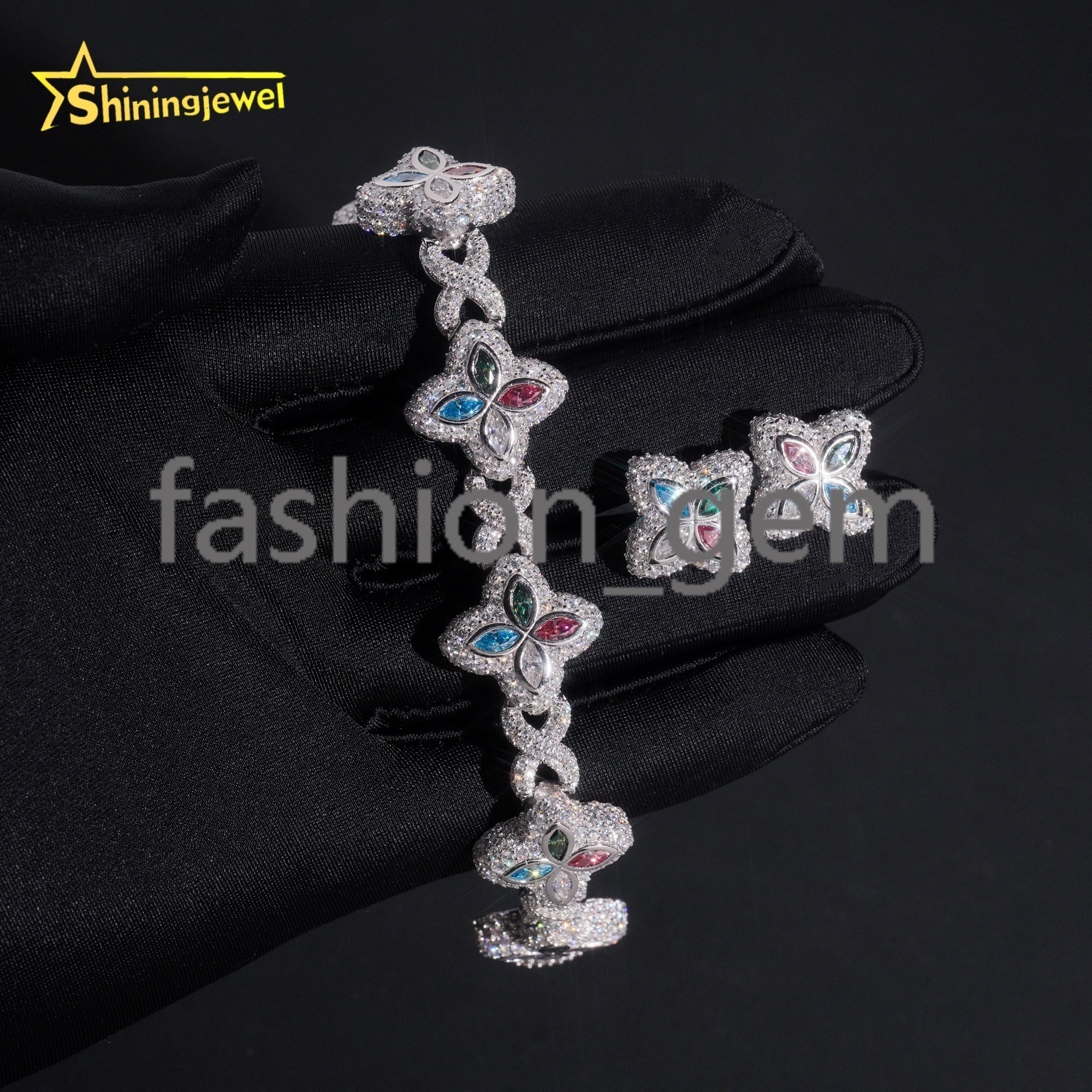 Iced Out Fine Jewelry Set Hip Hop 925 Silver 18MM Colored Marquise Flower Moissanite Bracelet with Earrings GRA Certificated