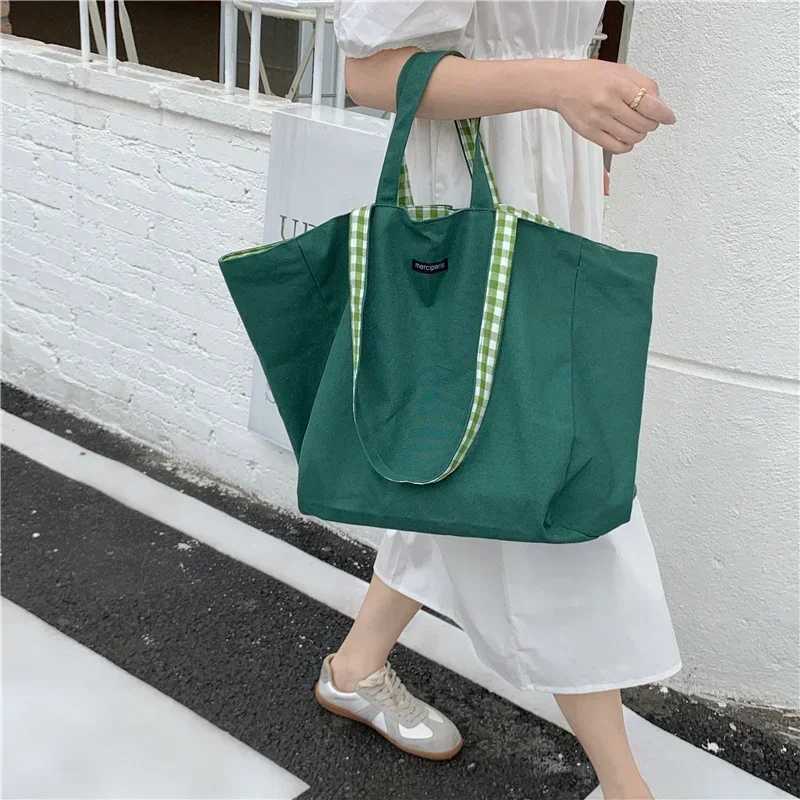 Women Canvas Shoulder Bags Plaid Double-sided Large Capacity Handbags Female Shopping Portable Lazy All-match Foldable Tote Bag W250618