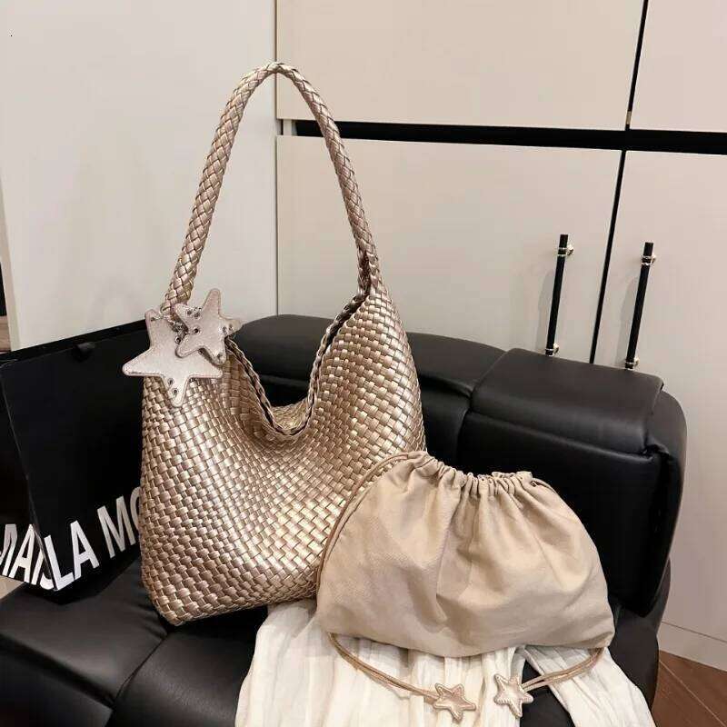 2025 New Woven Bucket Champagne Underarm For Women, Large-Capacity, Niche And High-End Ladies' Hand Bill Shoulder Bag