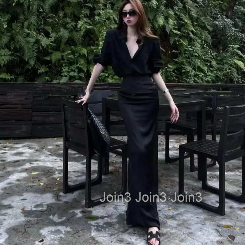 Female Outfits Mature Skirt Sexy Slit Womens Two Piece Set Short Sleeve Luxury Designer Clothing Korea Summer Fashion 2025 Full
