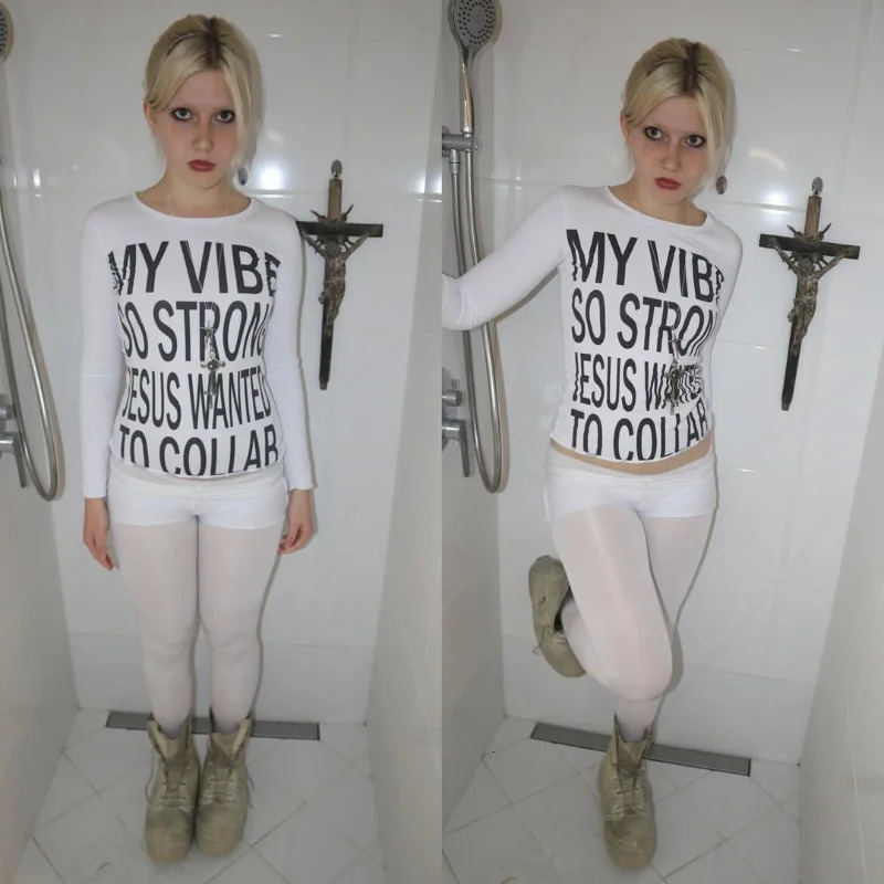 Vintage Y2k Womens Tshirt White Trash Monogram Print Cross Pattern Long Sleeve Harajuku Aesthetic Street Summer 250617