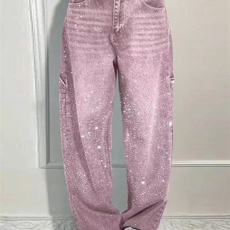 Womens Shining High Waist Denim Jeans Pant With All-Over Rhinestones Straight Leg Pants Trendy Casual Streetwear Trouser 250617