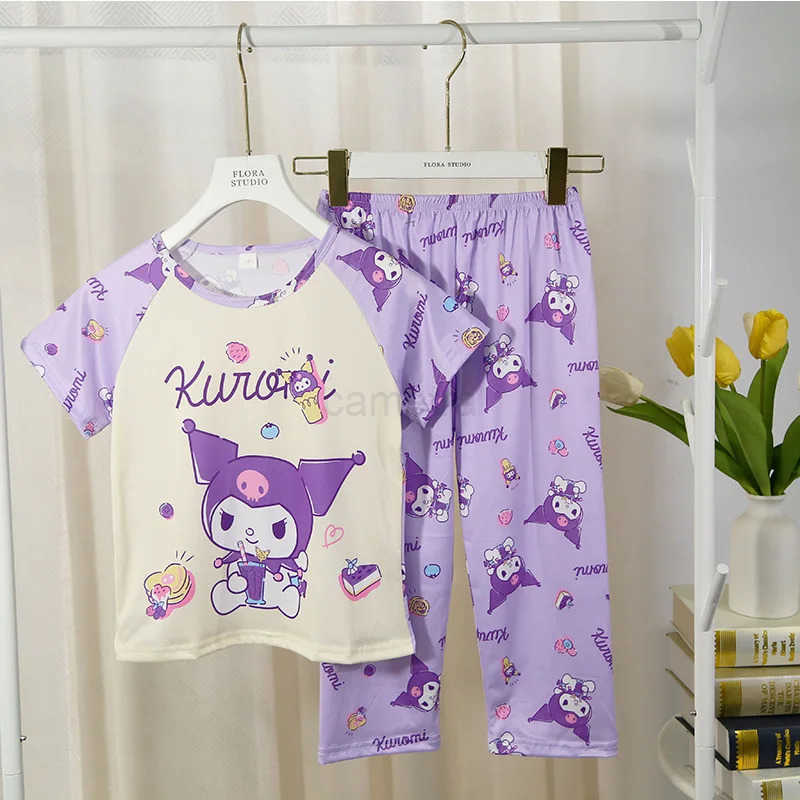 Sanrio Cinnamoroll Girls Summer Pajama Set Cartoon Patterned Crew Neck Short Sleeve Top and Long Pants Casual Home Wear for Children XJ250618XJ250618