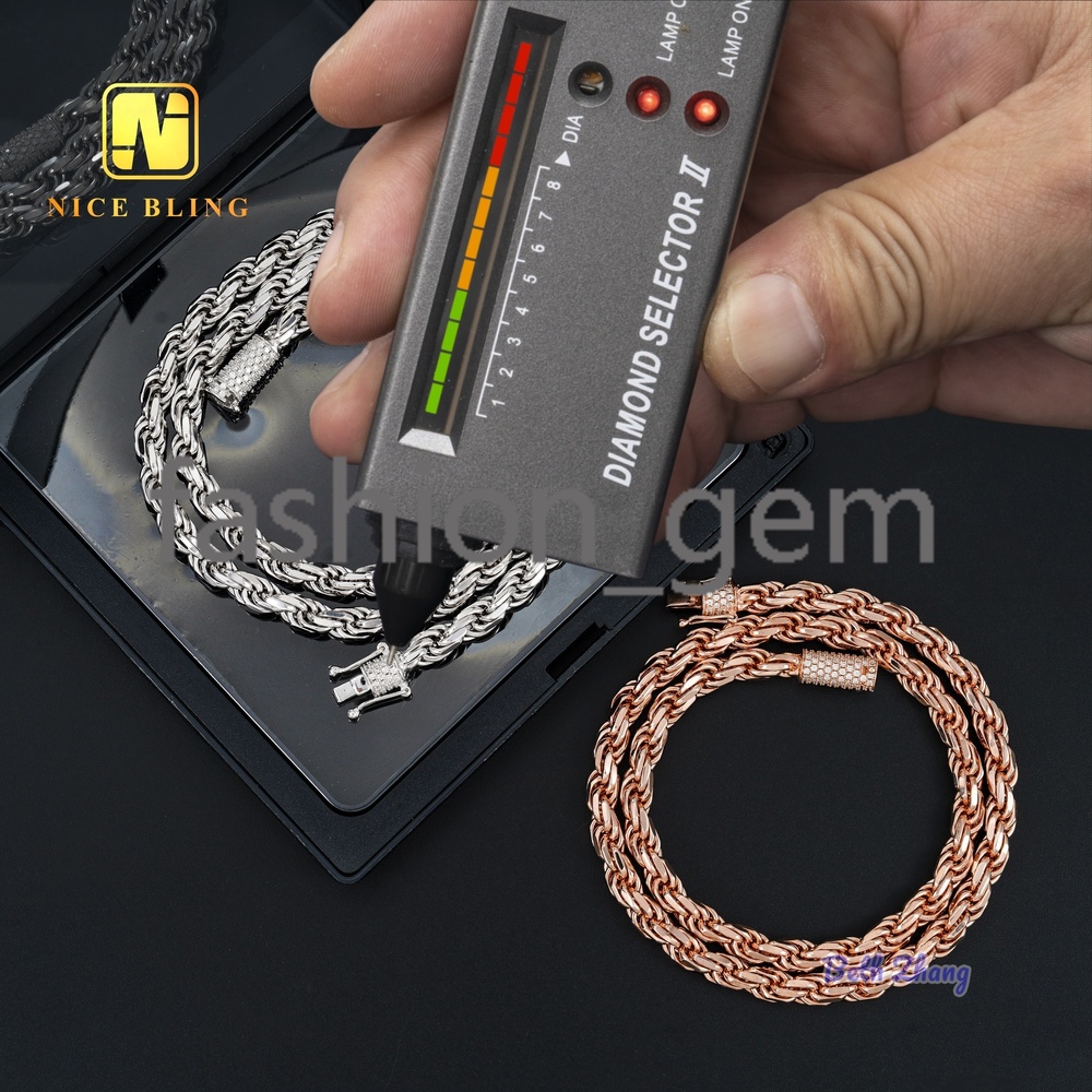 VVS Moissanite Clasps Sterling Silver Rope Chains18k Gold Plated Hiphop Fashion Men Women 6mm Moissanite Rope Chain