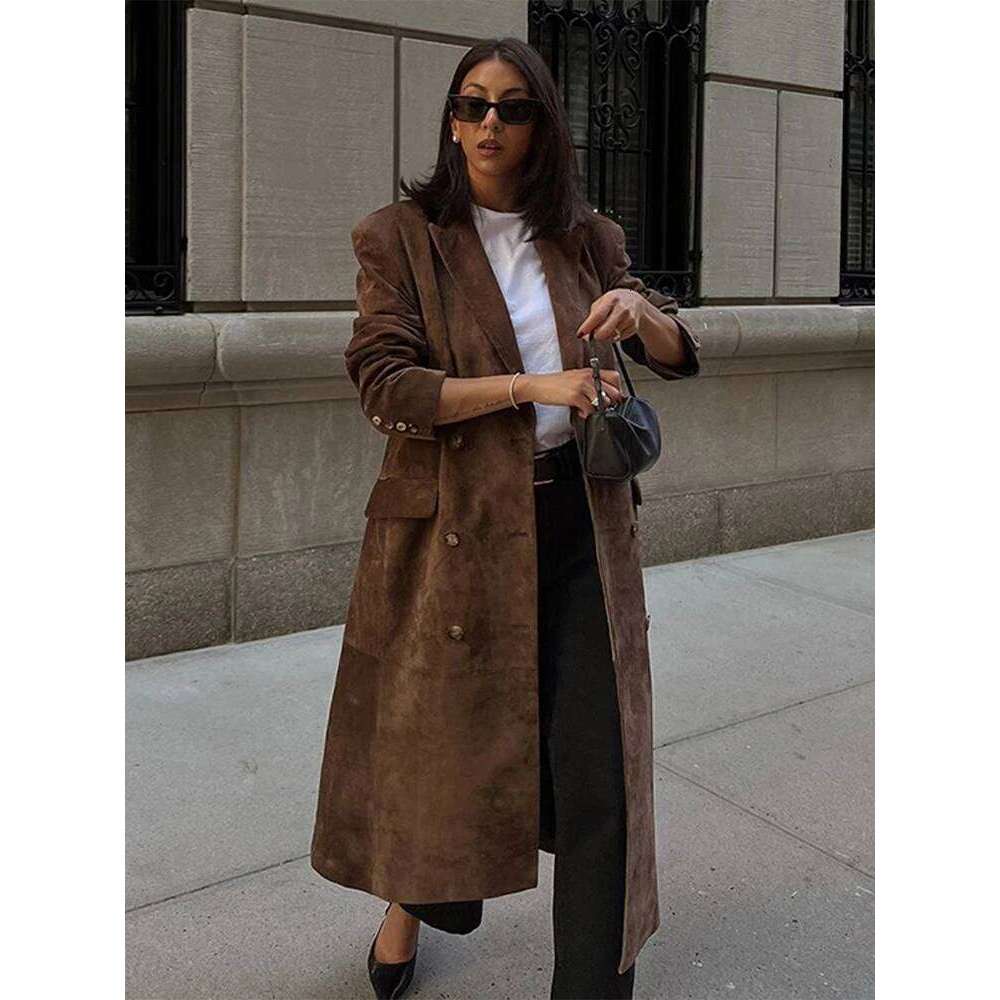 Elegant Suede Leather Women Long Windbreaker Coats Chic Lapel Double Breasted Lady Oversized Jackets 2024 Autumn Street Outwears