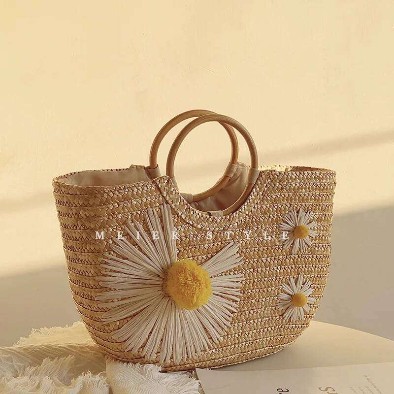 Little Daisy Straw Wooden Ring Handbag, Woven Holiday Beach Bag