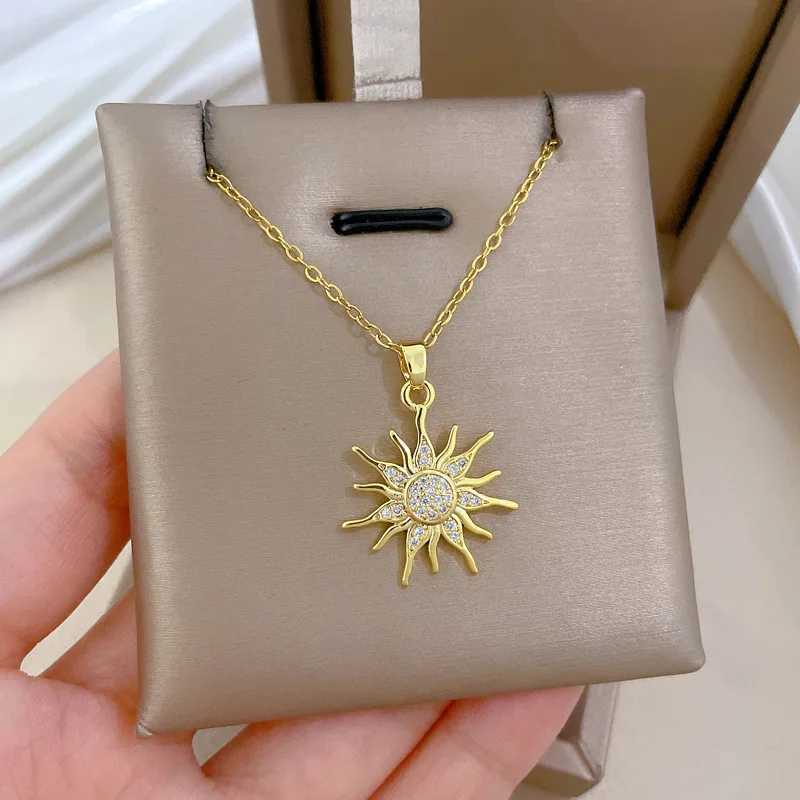 DIEYURO 316L Stainless Steel Golden Rhinestone Sun Pendant Necklace For Women New Trend Gorgeous Neck Chain Jewelry Holiday Gift W250618