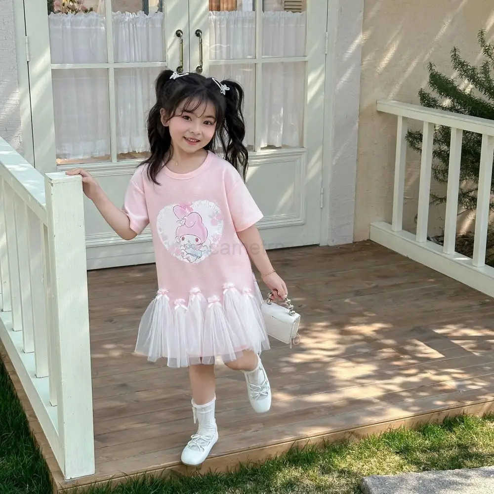 Sanrio Sanrio My Melody Girl Kuromi Short Sleeve T-Shirt Dress Cinnamoroll Summer Cute Cartoon Hot Mesh Princess Skirt Childrens Skirt XJ250618