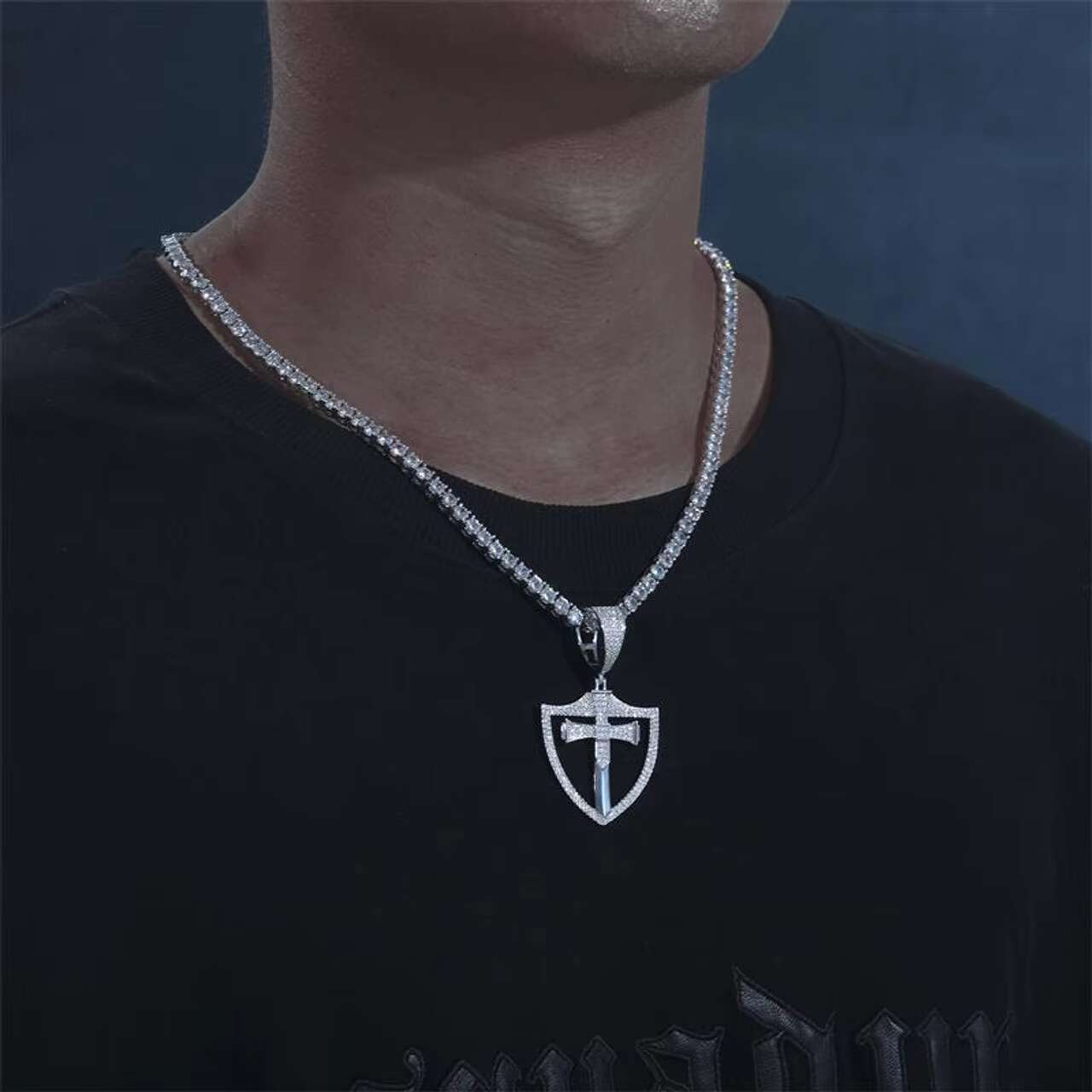 18K Gold Plated 925 Sterling Silver Mens VVS Moissanite Iced Shield Cross Pendant Christian Spiritual Charm