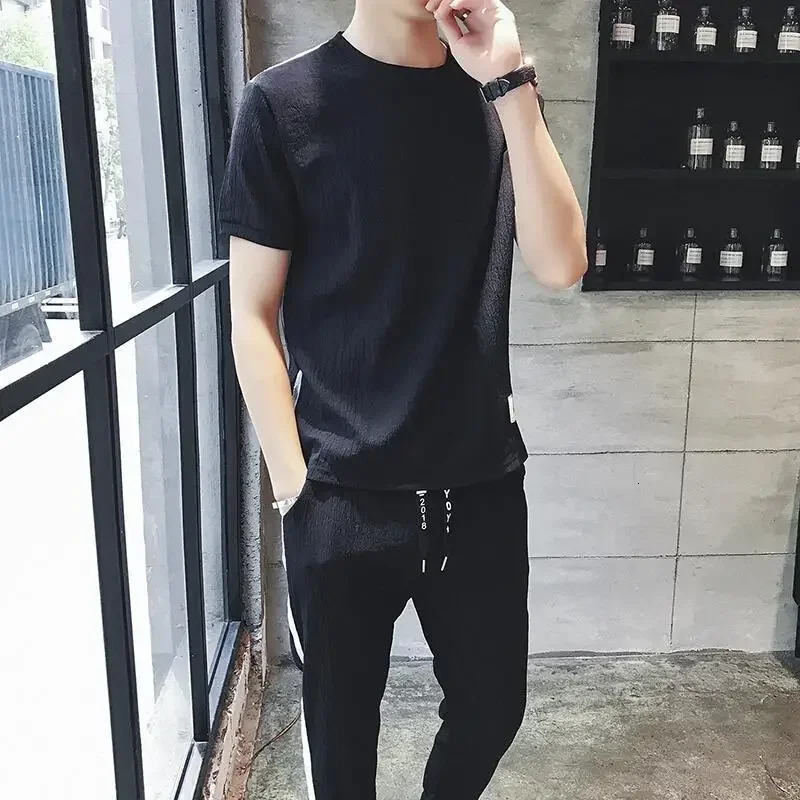 Male T Shirt Trousers Sets Sweatshirts Plain Tracksuit Mens Pants Set Sweatsuit Offer Premium Casual Elastic Tee Stylish 250617
