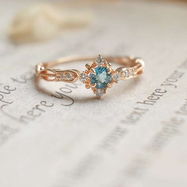 Fresh Lily of the Valley Engraved Design Light Luxury Natural London Blue Topaz Same Style Ring for Women