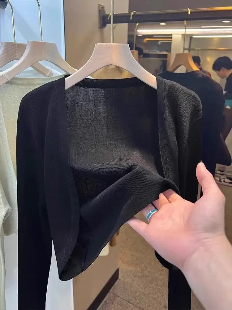 Summer Short Ice Silk Knitted Sun Protection Cardigan Womens Thin Suspender Skirt Layered Gauze Jacket Air-conditioned Cover Up 250617