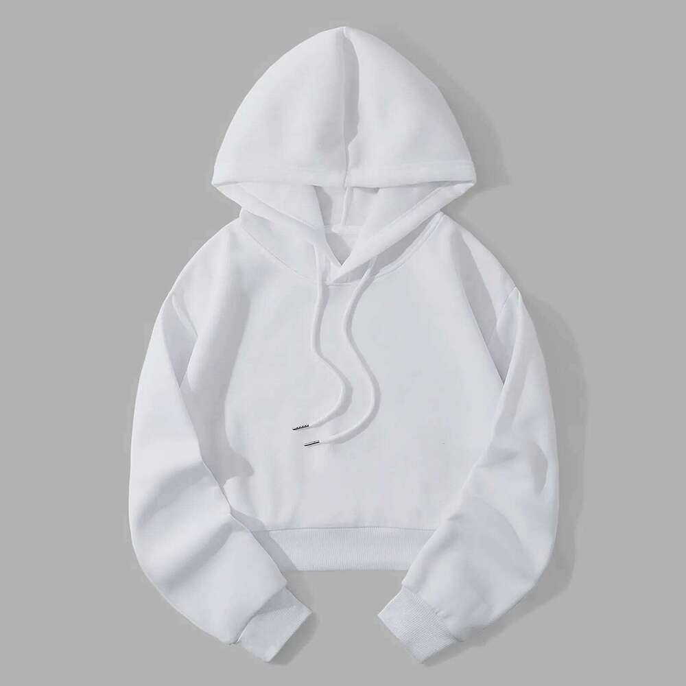 Women's Solid Color Cropped Hoodie, Warm Fleece Sweatshirt in Sporty Style, Loose-Fit Casual Brand Sweatshirt, Streetwear